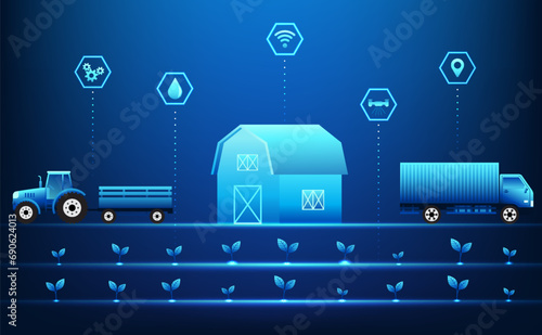 Smart Farm: Farmers who use technology to control the operation of agricultural farms. Measure productivity growth, crop care, and product export temperature. Vector illustration