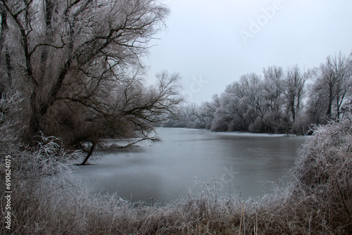Winter nature beauty, ice frozen lake landscape with frosty woods and trees around