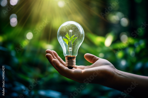 Hand holding light bulb against nature on green leaf bright idea for business growth