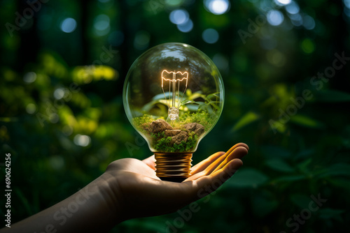 Hand holding light bulb against nature on green leaf bright idea for business growth