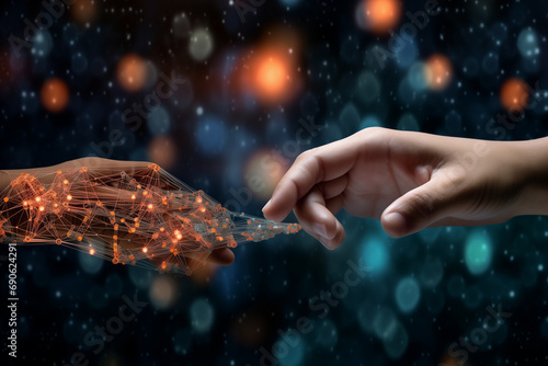 Hands of robot and human touching on big data AI network computer 