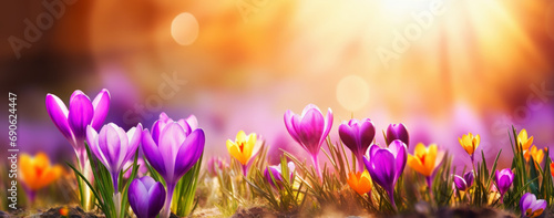 Spring Flowers Crocus Blossoms In Golden Sunlight