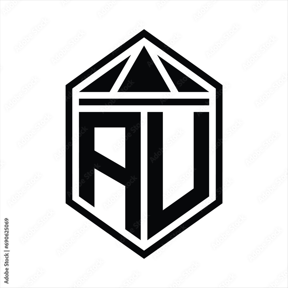 AU Letter Logo monogram simple hexagon shield shape with triangle crown isolated style design AU Letter Logo monogram simple hexagon shield shape with triangle crown isolated style design
