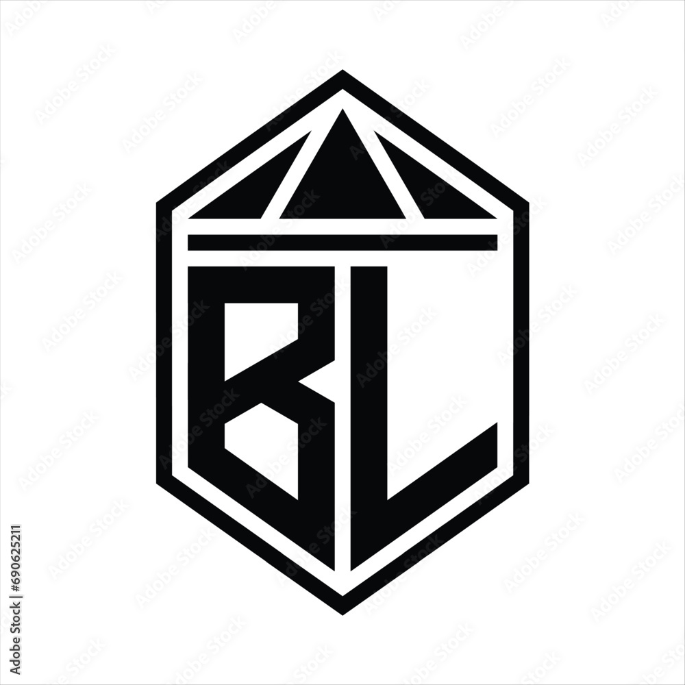 BL Letter Logo monogram simple hexagon shield shape with triangle crown isolated style design BL Letter Logo monogram simple hexagon shield shape with triangle crown isolated style design