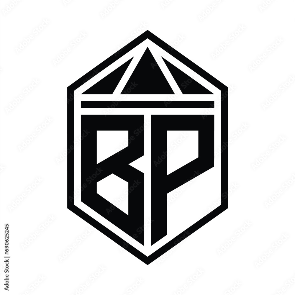 BP Letter Logo monogram simple hexagon shield shape with triangle crown isolated style design BP Letter Logo monogram simple hexagon shield shape with triangle crown isolated style design