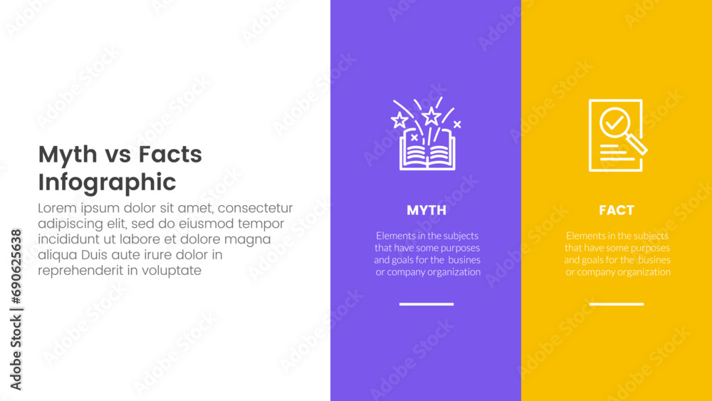 fact vs myth comparison or versus concept for infographic template banner with big column banner on right layout with two point list information - obrazy, fototapety, plakaty 