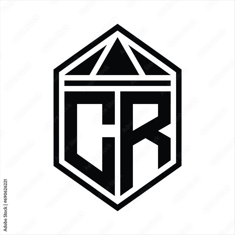 CR Letter Logo monogram simple hexagon shield shape with triangle crown isolated style design CR Letter Logo monogram simple hexagon shield shape with triangle crown isolated style design