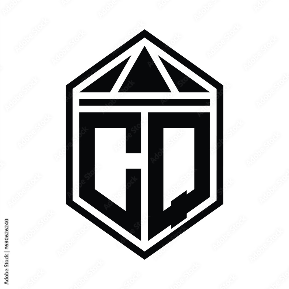CQ Letter Logo monogram simple hexagon shield shape with triangle crown isolated style design CQ Letter Logo monogram simple hexagon shield shape with triangle crown isolated style design