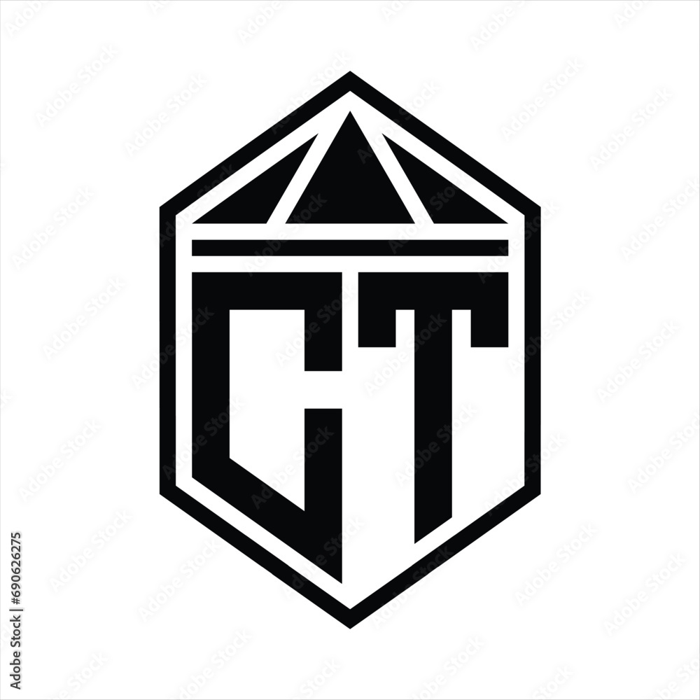 CT Letter Logo monogram simple hexagon shield shape with triangle crown isolated style design CT Letter Logo monogram simple hexagon shield shape with triangle crown isolated style design