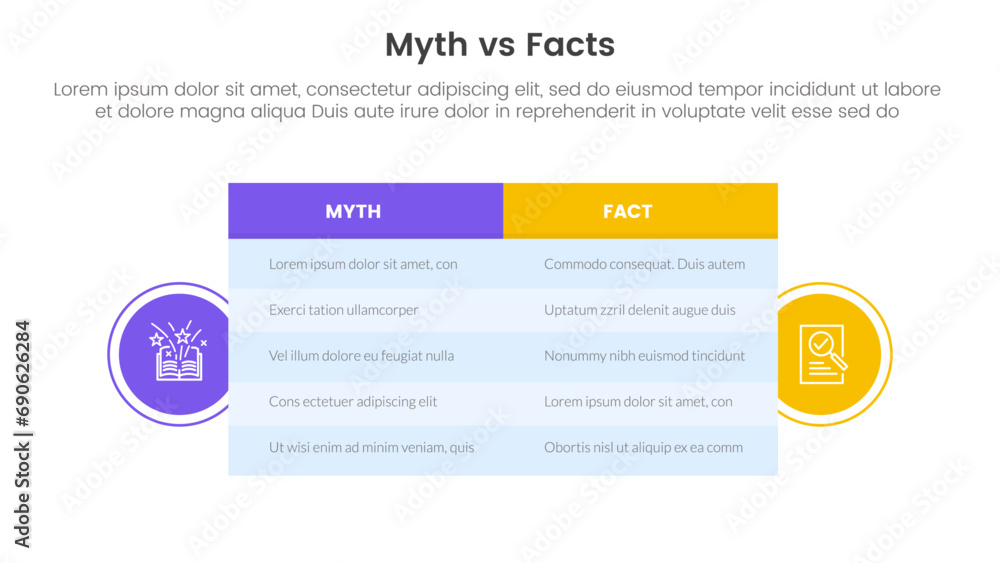 fact vs myth comparison or versus concept for infographic template banner with big table box and circle shape badge with two point list information