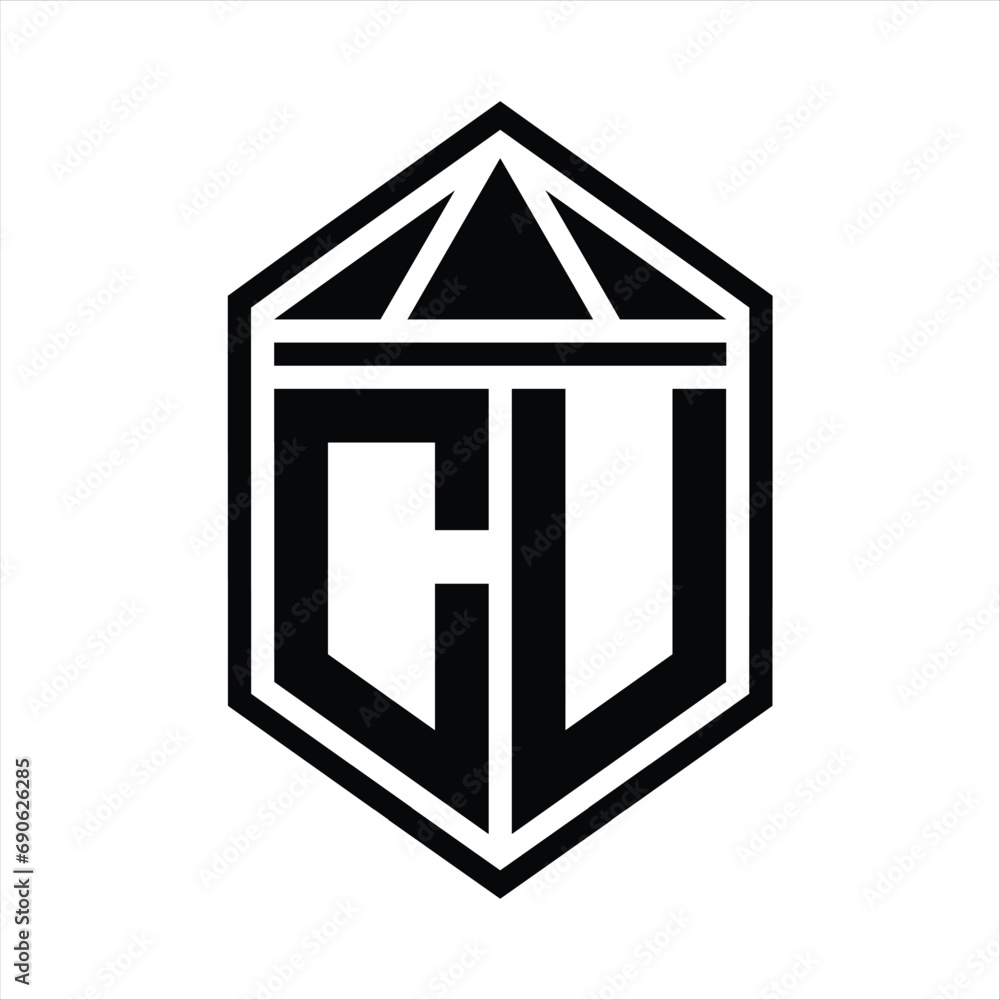 CU Letter Logo monogram simple hexagon shield shape with triangle crown isolated style design CU Letter Logo monogram simple hexagon shield shape with triangle crown isolated style design