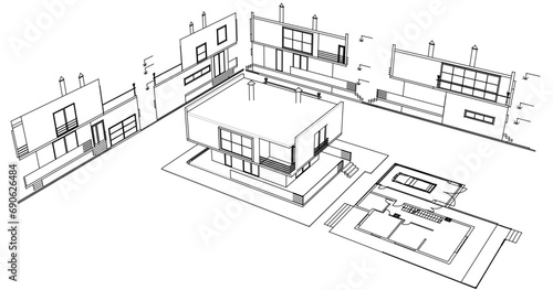 house architectural project sketch 3d illustration