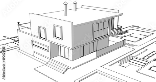 house architectural project sketch 3d illustration