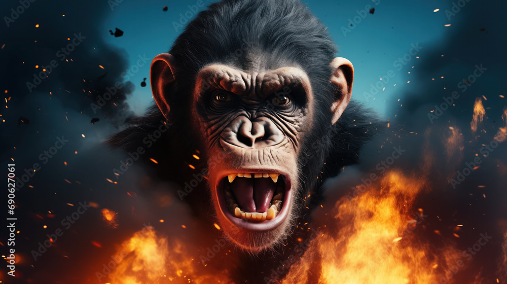 Fierce chimp with fiery background. Fierce chimp with fiery background.