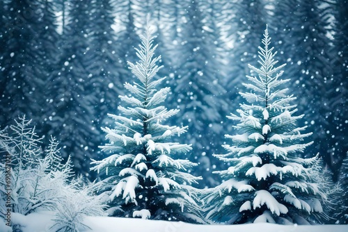 Winter Scenery: Abstract Defocused Snowflakes on a Fir Tree with Snow and Forest Against the background