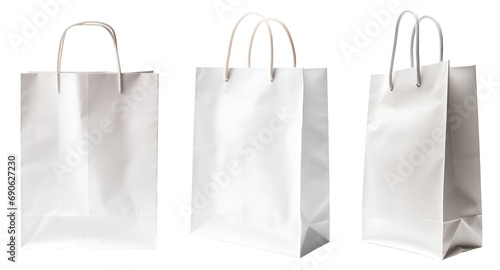 White eco friendly recyclable side and front blank shopping paper bag on transparent background cutout, PNG file. Mockup template for artwork graphic design 