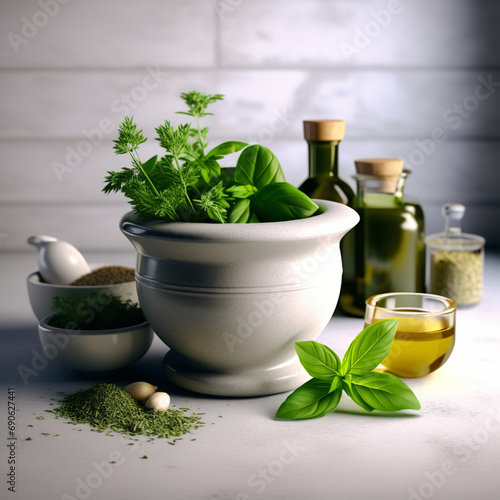 Traditional mortar with herbs: an image that highlights the beauty and authenticity of a traditional mortar and pestle, used to grind fresh herbs, perfect for illustrating recipes, natural remedie -AI