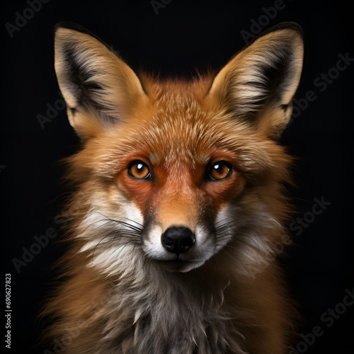 Red Fox in the cam, Red Fox Face Close Up Portrait AI illustration, Perfekter Fuchs isoliert auf schwarzem Hintergrund, portrait of a fox, amazing fox portait photography black background