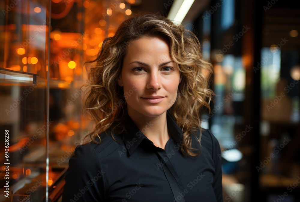 Confident woman with curly hair in professional setting Confident woman with curly hair in professional setting