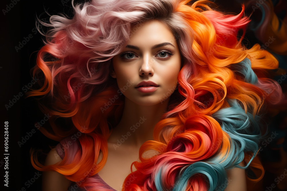 Woman with colorful hair and black background is shown in this image.