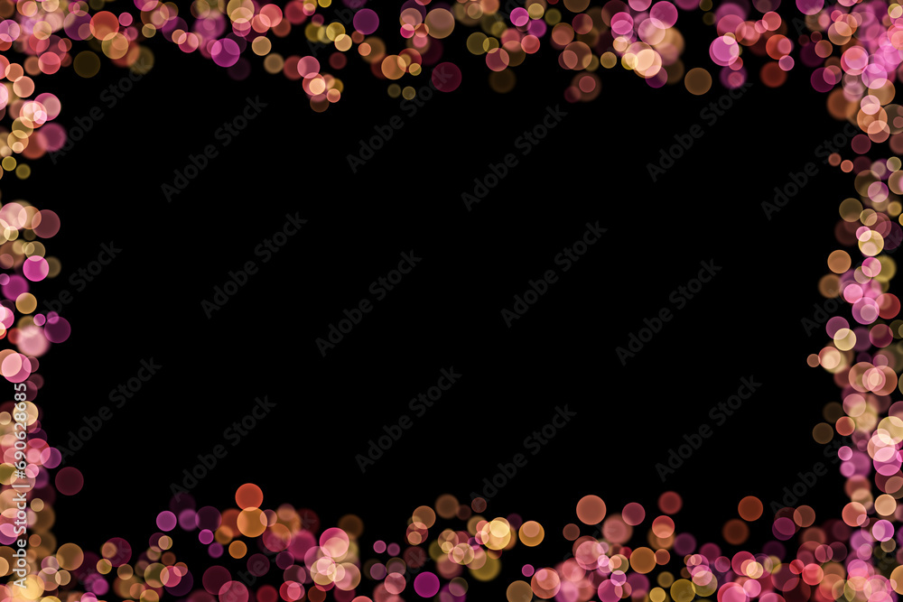Bokeh lights effect on Pink, Purple, Orange, Yellow color, Black Background, Frame, Abstract Blur, Glitter, Defocused, Seamless polka dot pattern , Creative, Illustration design Bokeh lights effect on Pink, Purple, Orange, Yellow color, Black Background, Frame, Abstract Blur, Glitter, Defocused, Seamless polka dot pattern , Creative, Illustration design