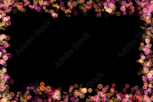 Bokeh lights effect on Pink, Purple, Orange, Yellow color, Black Background, Frame, Abstract Blur, Glitter, Defocused, Seamless polka dot pattern , Creative, Illustration design
