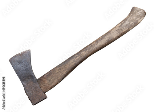Fototapeta Naklejka Na Ścianę i Meble -  Old rust dirty dark gray axe with brown wooden handle isolated on white background with clipping path