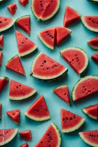 A pattern with pieces of ripe watermelon on a blue background. Top view, flat lay