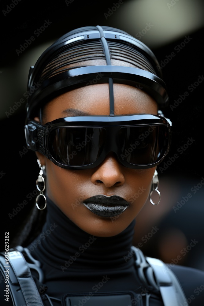 Dark and Mysterious Fashion Model with Black Headpiece and Sunglasses Dark and Mysterious Fashion Model with Black Headpiece and Sunglasses