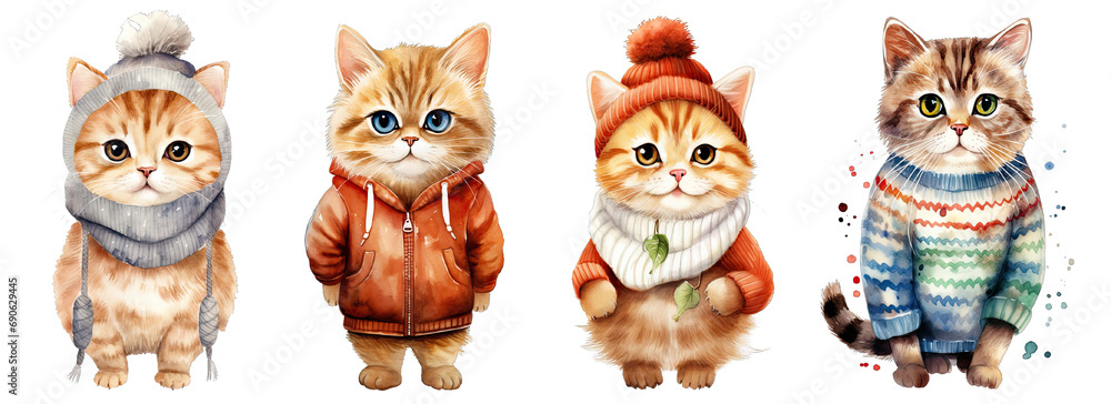 Collection of PNG. Chubby cute cat wearing jumper. watercolor illustration isolated on a transparent background. Collection of PNG. Chubby cute cat wearing jumper. watercolor illustration isolated on a transparent background.