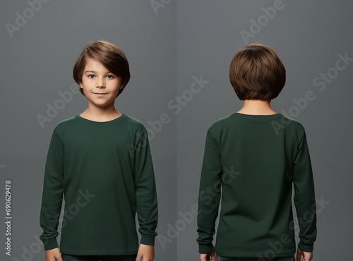 Front and back views of a little boy wearing a green long-sleeve T-shirt
