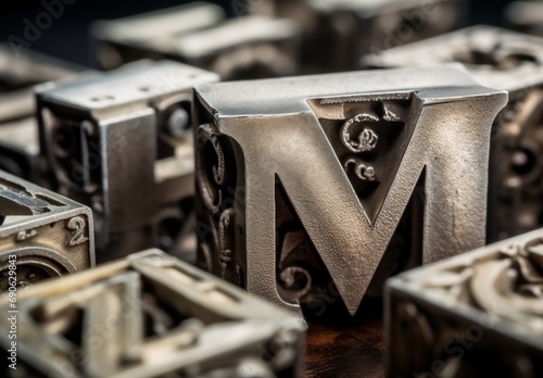 Close up of random antique letterpress metal type  letterpress printing blocks. Generative AI