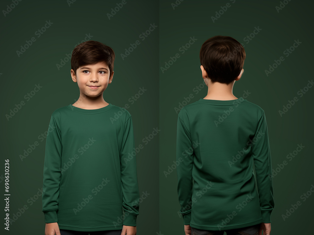 Front and back views of a little boy wearing a green long-sleeve T-shirt Front and back views of a little boy wearing a green long-sleeve T-shirt