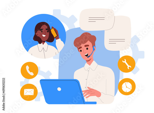 Call center operator concept. Man in headphones talk with client. Answer to question. Feedback and distance consultation. Technical support for customers. Cartoon flat vector illustration