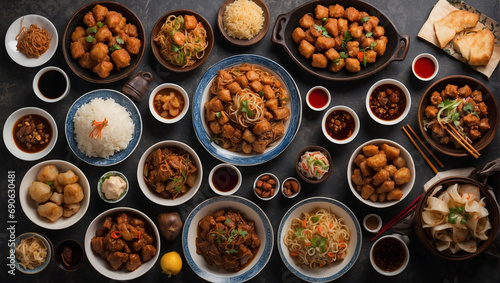 Assorted Chinese Food and rice dishes shot from overhead composition
