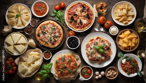 Assorted Italian Food and rice dishes shot from overhead composition