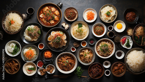 Assorted Korean Food and rice dishes shot from overhead composition