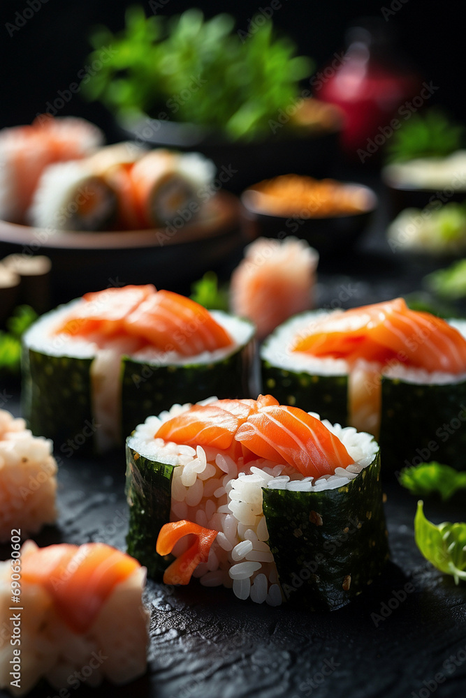 Fresh sushi on table: an appetizing image that highlights the impeccable presentation and fresh ingredients of sushi on a table, perfect for illustrating menus, restaurants or articles - AI Generative Fresh sushi on table: an appetizing image that highlights the impeccable presentation and fresh ingredients of sushi on a table, perfect for illustrating menus, restaurants or articles - AI Generative
