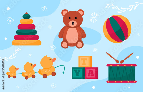 Christmas toys set. Colorful cubes, pyramides and ball. Drum with sticks, teddy bear and yellow ducks. Entertainment for children. Cartoon flat vector collection isolated on blue background photo
