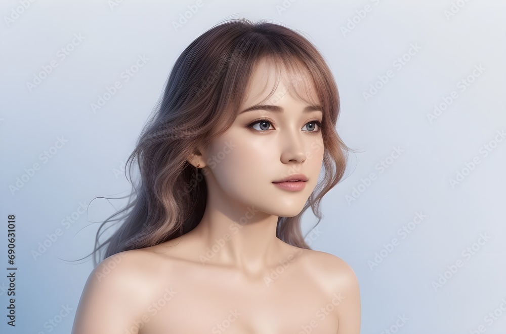 Beautiful Young woman curly long hair with perfect skin isolated on a standing in a studio. Facial treatment, skin care, Cosmetology, Natural Beauty. Beautiful Young woman curly long hair with perfect skin isolated on a standing in a studio. Facial treatment, skin care, Cosmetology, Natural Beauty.