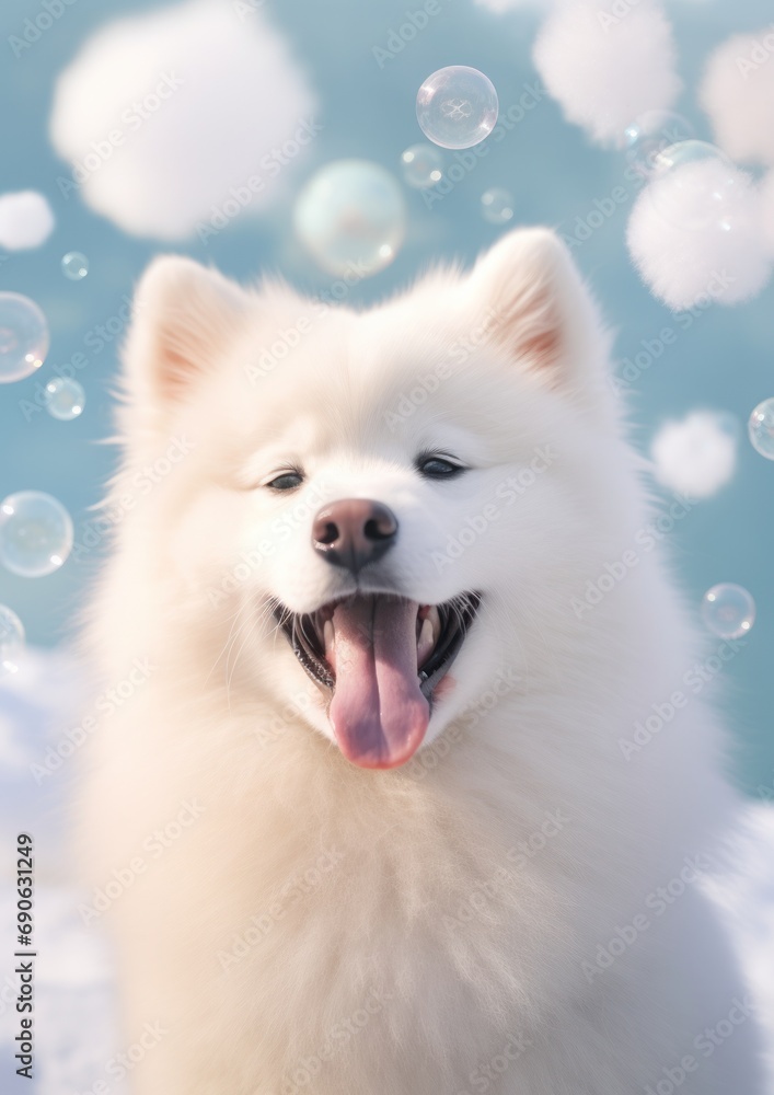 A delighted samoyed puppy smiling amidst floating soap bubbles against an icy blue background, full of joy A delighted samoyed puppy smiling amidst floating soap bubbles against an icy blue background, full of joy