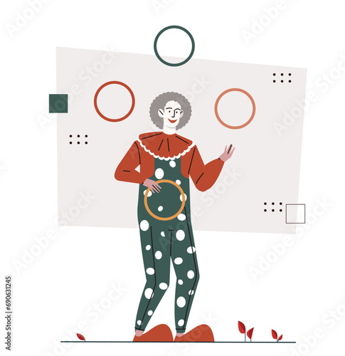 Circus element concept. Juggler with equipment. Entertainment, fun and leisure. Man with rings. Poster or banner for website. Cartoon flat vector illustration isolated on white background
