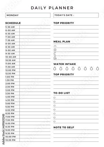 Minimalist planner pages templates. Daily Planner. Organizer page, diary and daily control Book, notes for the day.