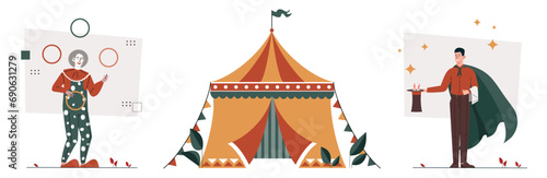 Circus artists set. Entertainment and leisure. Talented artists. Illusionist and juggler, yellow tent. Man with rabbit and guy with rings. Cartoon flat vector collection isolated on white background