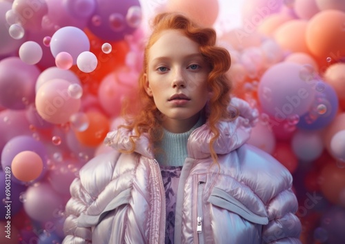 A young redhead girl in a light blue puffer jacket with a surreal background of colorful balloons and bubbles
