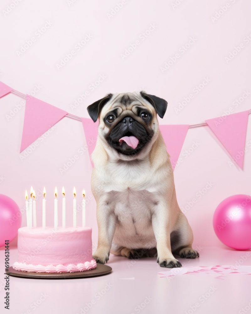 Cute pug with a tongue out celebrating birthday with a decorated cake and pink balloons and flags