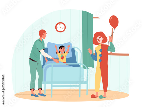 Clown entertains sick child concept. Man in colorful clothes with red nose and air balloon. Fun and leisure for boy in hospital. Cartoon flat vector illustration isolated on white background