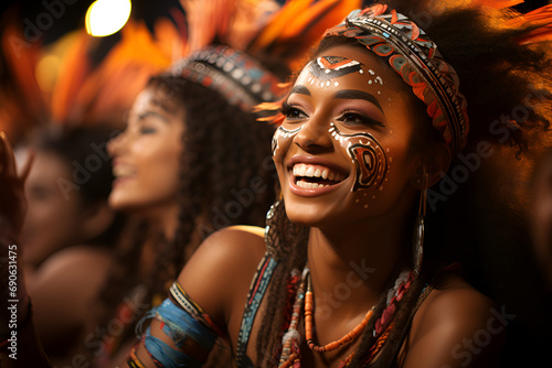 Beautiful woman in carnival costume at Brazilian dance carnival generated AI