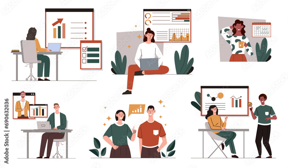 Set of office scenes. Workers near graphs and diagrams. Infographics and statistics. Efficient workflow. Colleagues and partners. Cartoon flat vector collection isolated on white background Set of office scenes. Workers near graphs and diagrams. Infographics and statistics. Efficient workflow. Colleagues and partners. Cartoon flat vector collection isolated on white background