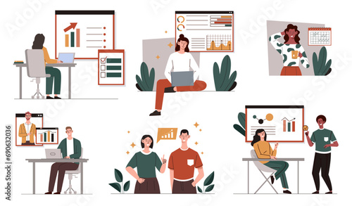 Set of office scenes. Workers near graphs and diagrams. Infographics and statistics. Efficient workflow. Colleagues and partners. Cartoon flat vector collection isolated on white background